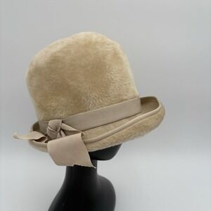 Vintage John‎ Hanamaker Fur Felt Bowler Cloche Hat with Bow Beige Austria Made